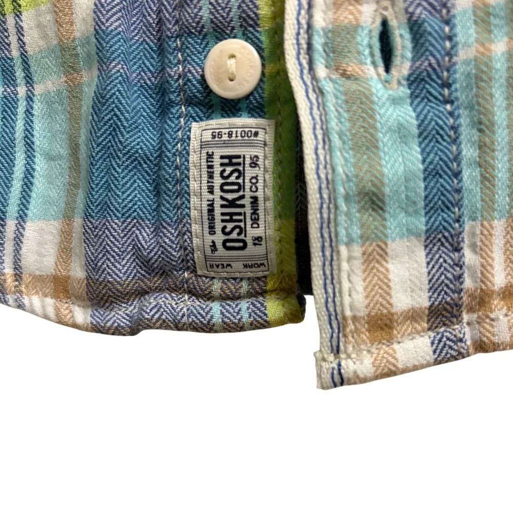 OshKosh B'gosh Plaid Flannel Blue Green Button Down Long Sleeve Shirt 9M